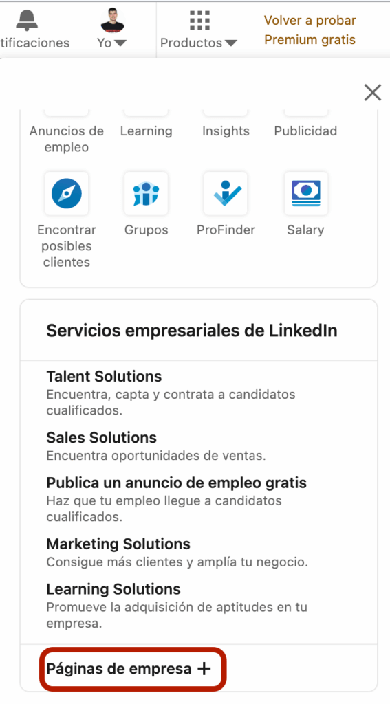 pulsar botón para crear pagina de empresa en esta red social