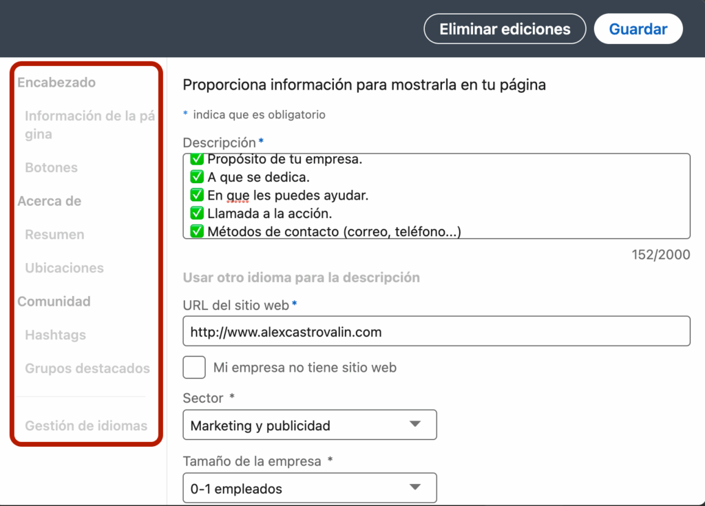 incluí información adicional de tu empresa en linkedin