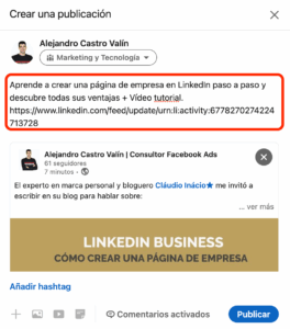 paso dos para compartir una publicacion de tu pagina de empresa en linkedin a un grupo.png