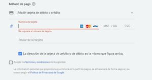 Método de Pago al crear un anuncio en Google