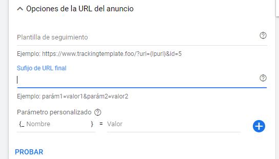 Opciones de la URL del anuncio