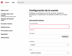 configuracion de la cuenta en pinterest