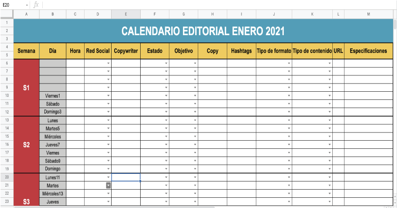 Calendario editorial para tu plan de medios ejemplo