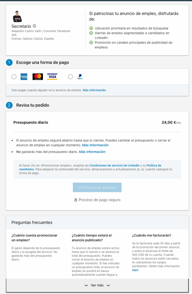 métodos de pago para poner anuncio en linkedin y promocionar un trabajo