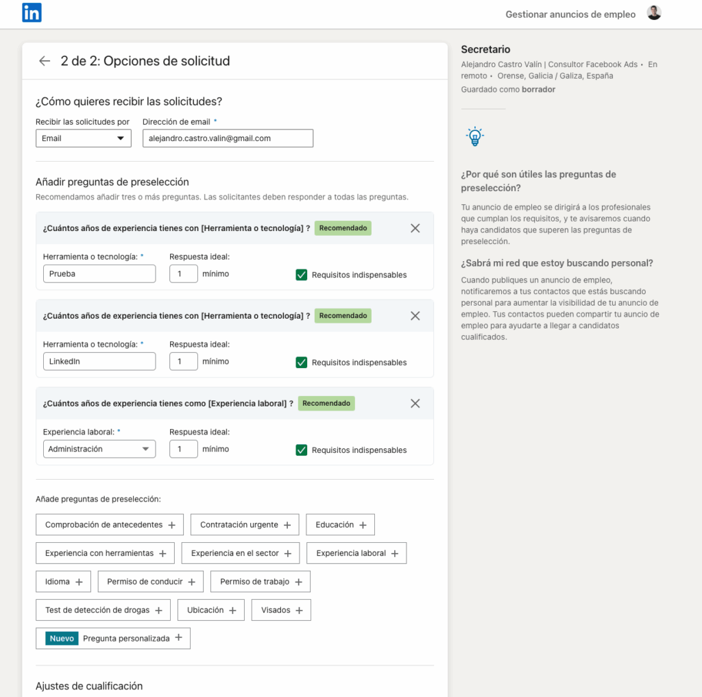 opciones de solicitud de anuncios de empleo gratis en linkedin