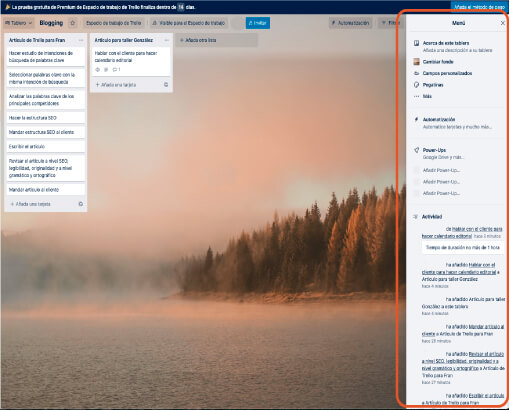 que es el menu del tablero de trello