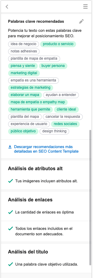 apartados del Asistente de Escritura SEO de Semrush