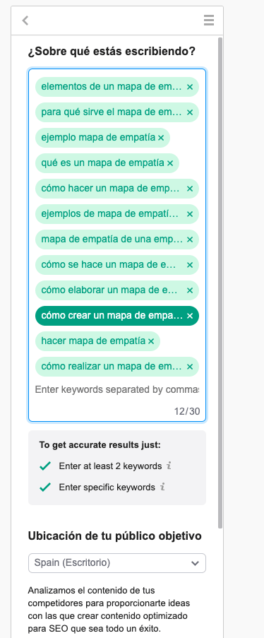 configuracion de palabras clave en herramienta de semrush 