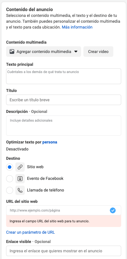 contenido del anuncio en fb ads