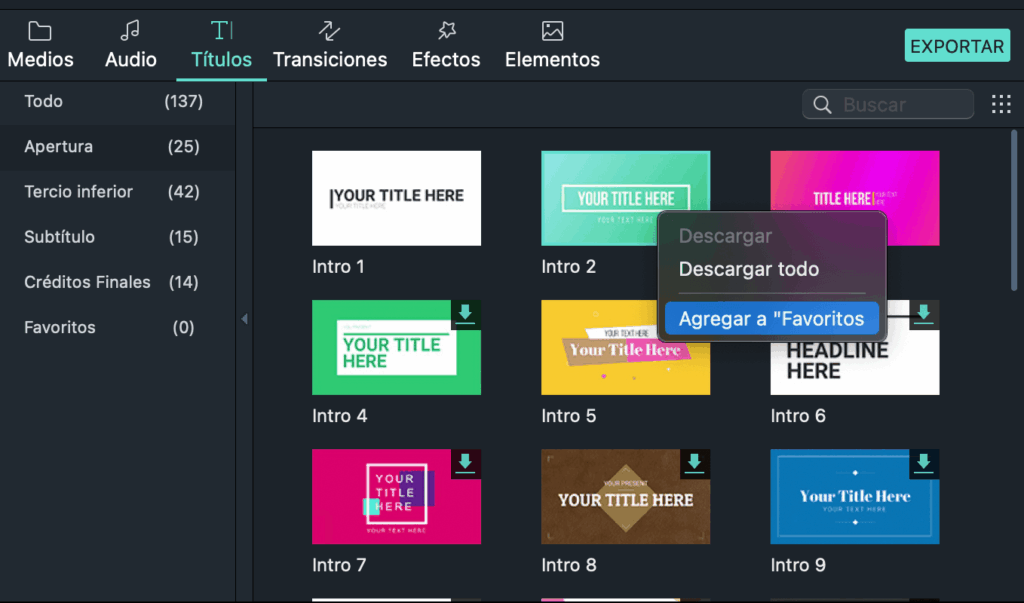 agregar un texto a favoritos en filmora
