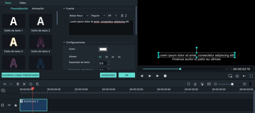 como cambiar los textos del video