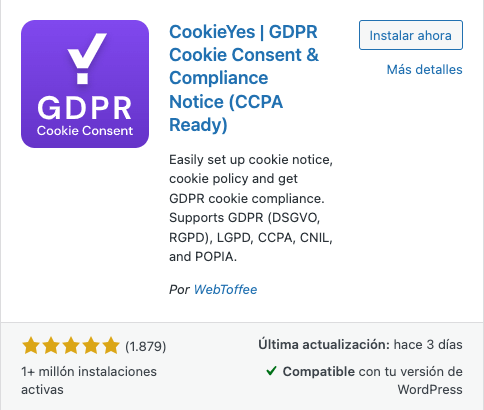 plugin de cookies CookieYes GDPR Cookie Consent y Compliance Notice CCPA Ready