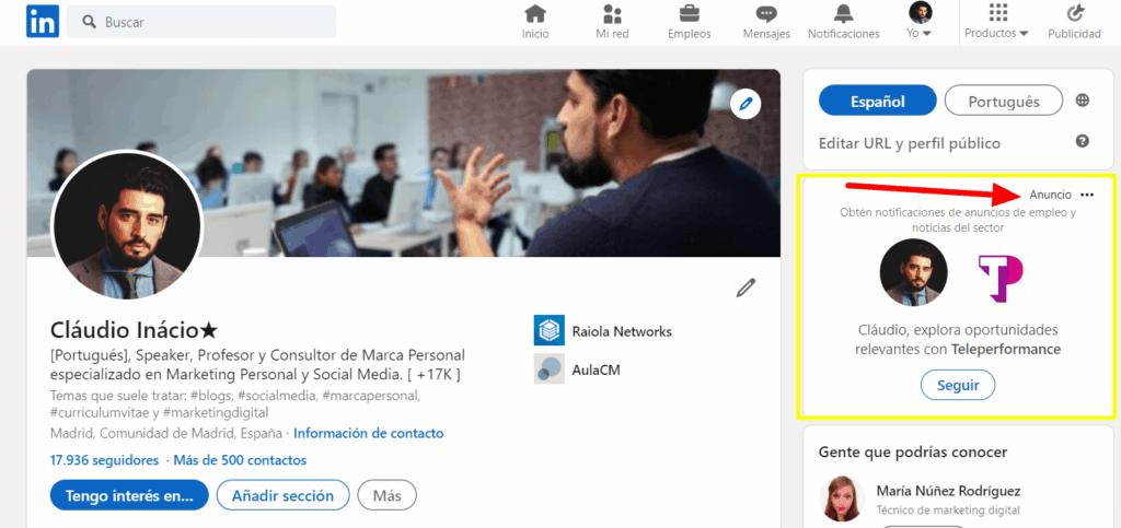 Ejemplo de anuncio destacado en LinkedIn 2022