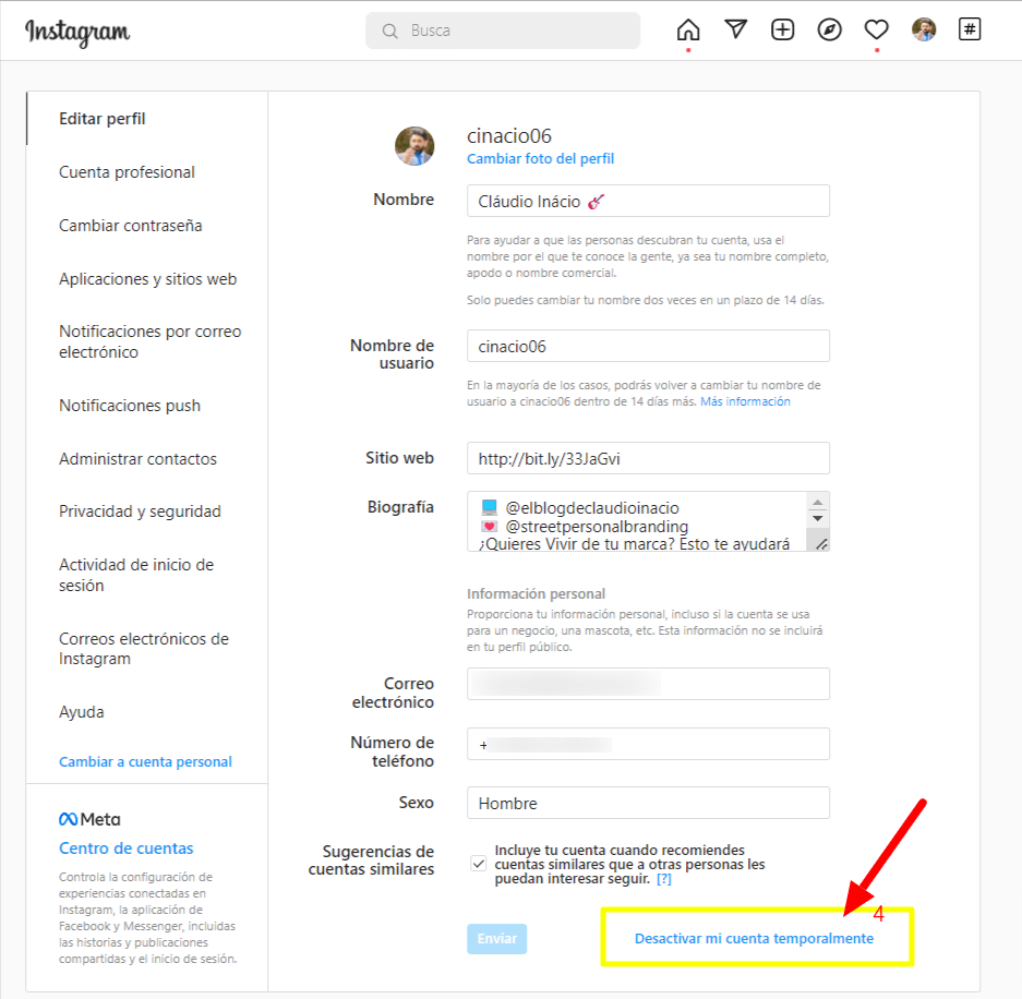 botón de perfil para darte de baja temporalmente desde ordenador