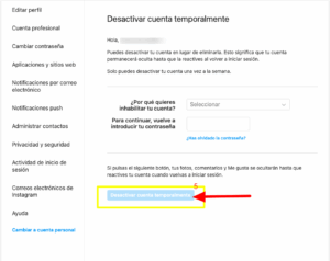 inhabilitar una cuenta de IG