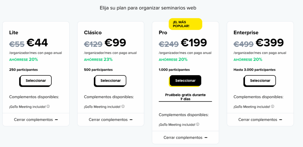 precios de goto webinar para hacer seminarios online