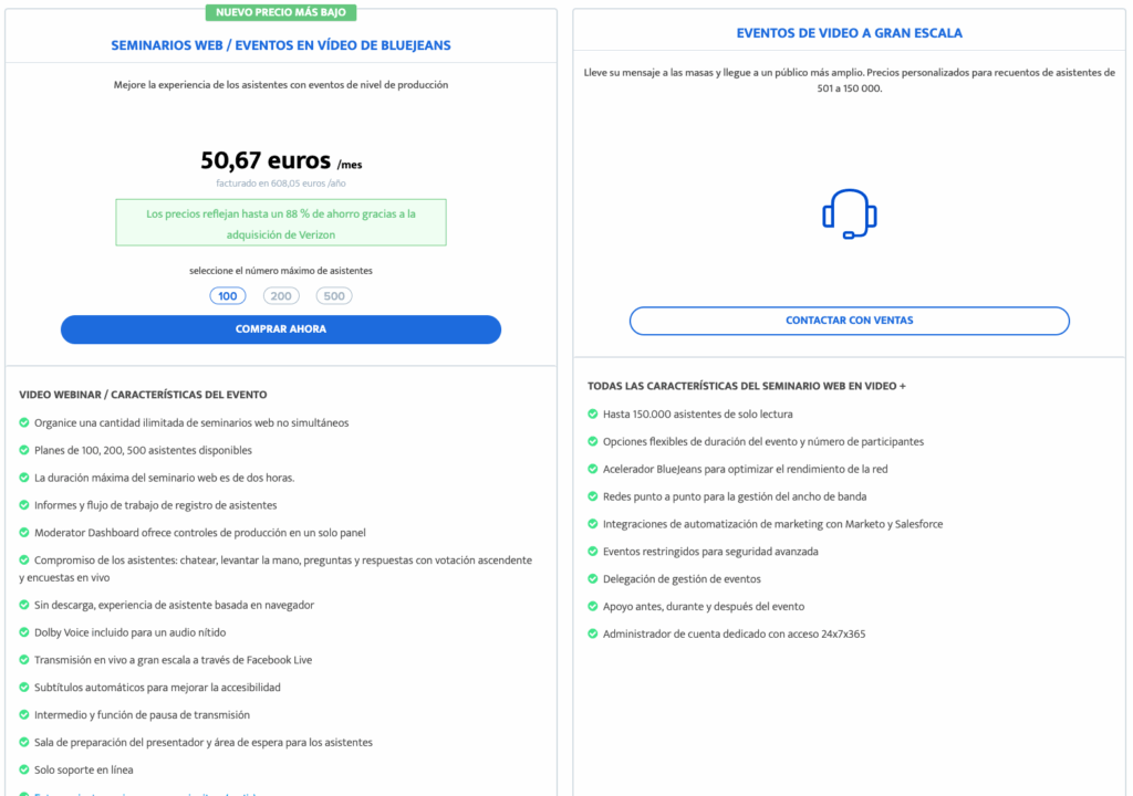 precios y funcionalidades de bluejeans para hacer webinars
