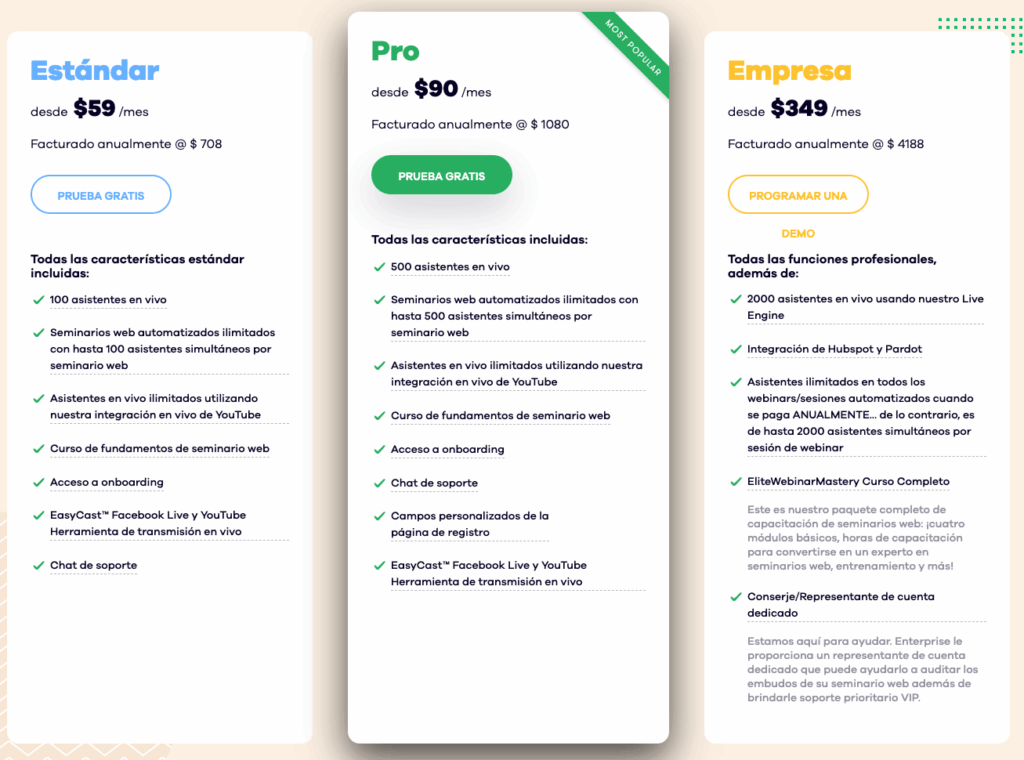 precios y funciones de easywebinar