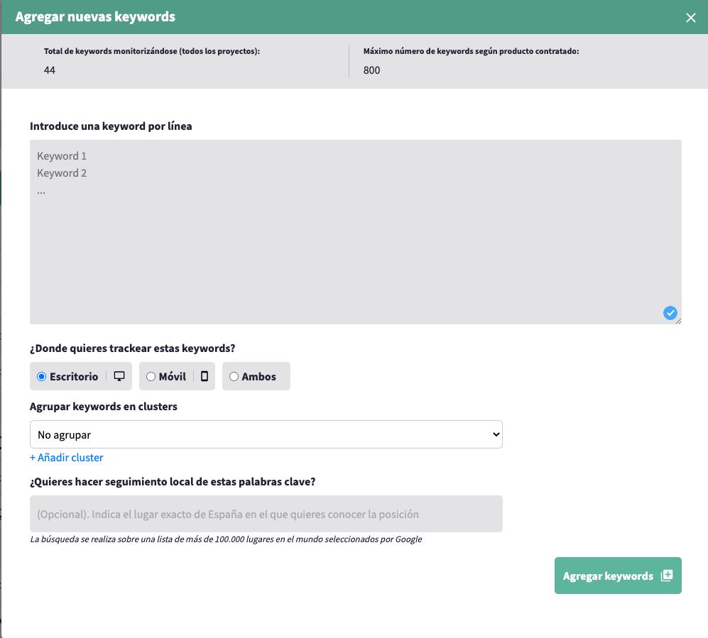 como añadir palabras clave en dinorank