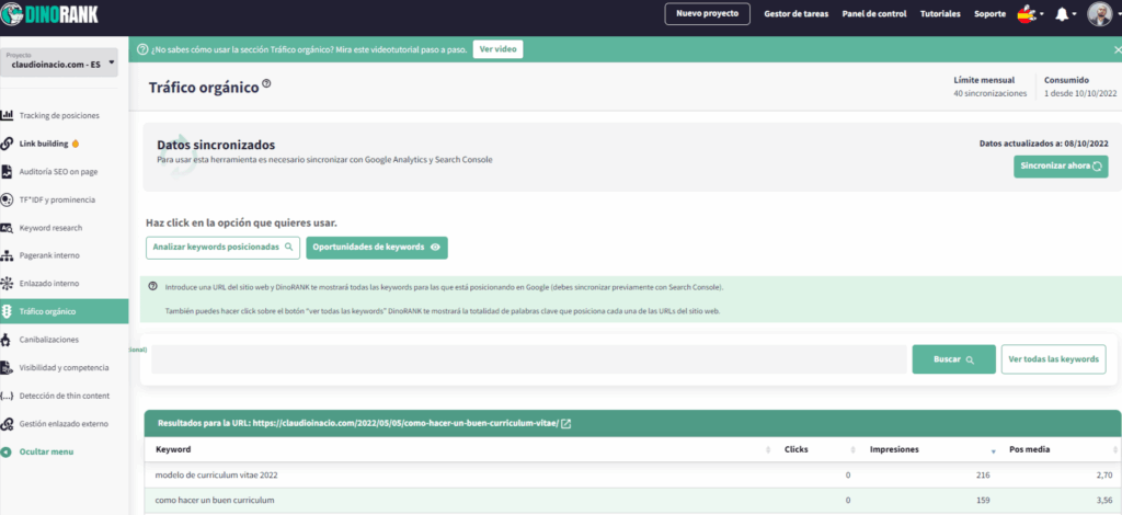 cómo saber el tráfico orgánico con dinorank