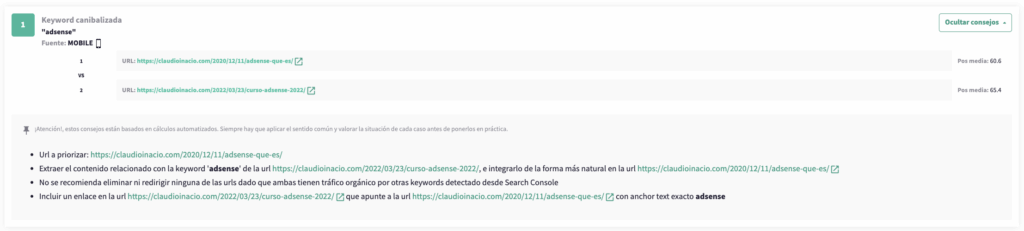 ejemplo de como quitar una canibalizacion con dinorank