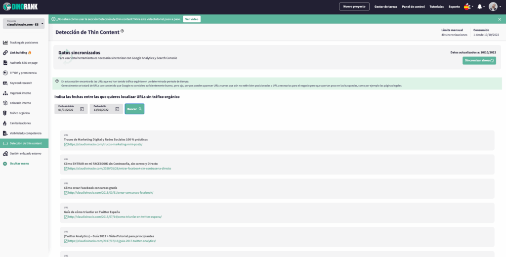 ejemplo de detección de thin content con dinorank