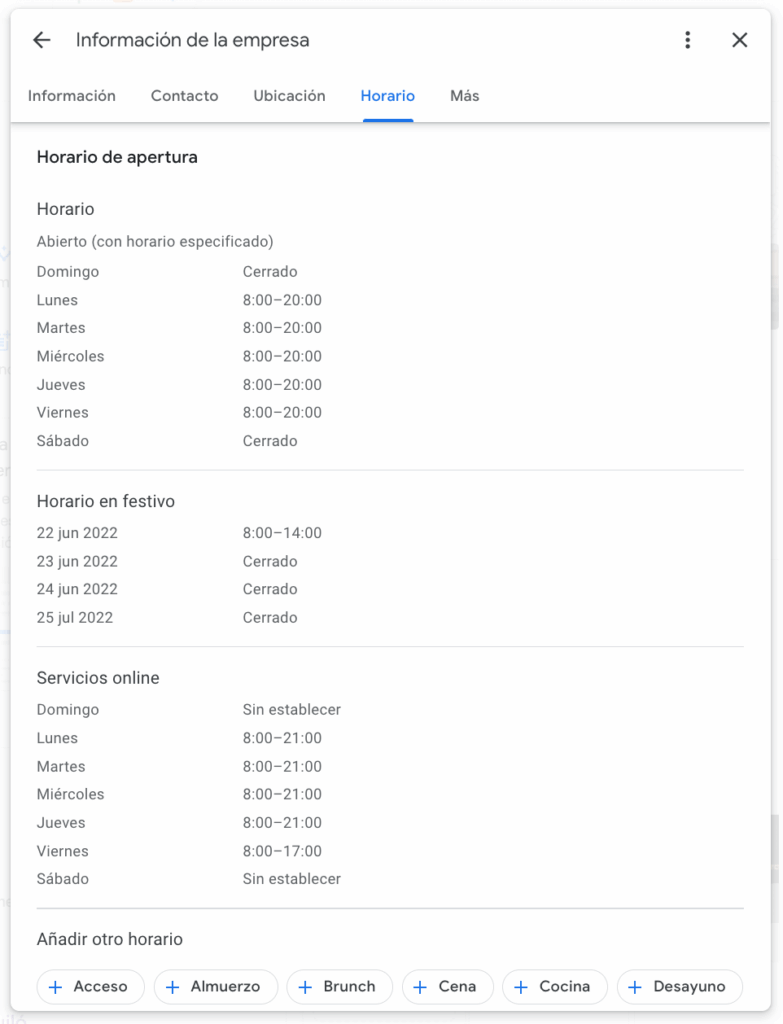 Horario de tu Perfil de Negocio