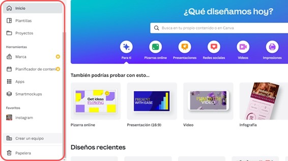 Menú izquierdo de Canva
